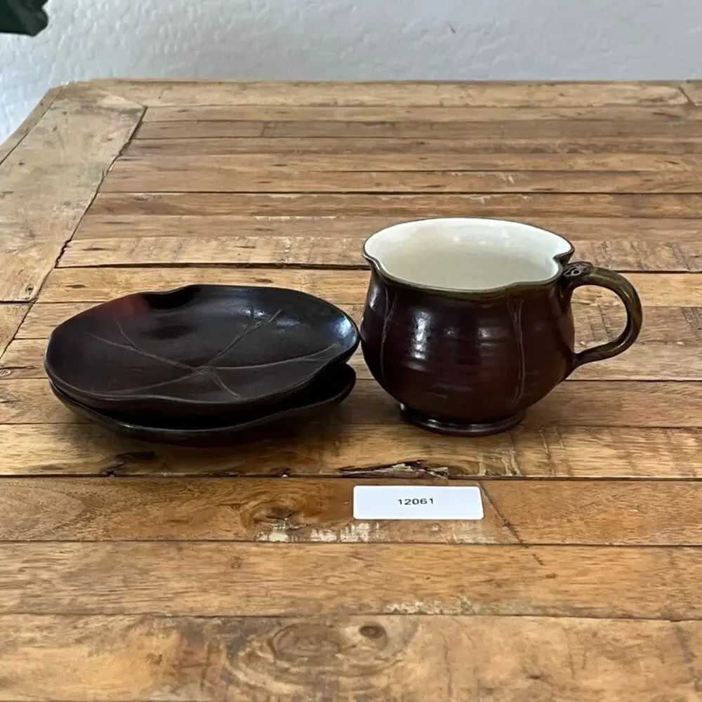 Japanese Pottery Ceramic Tea Cup & Plates 3 Piece Dark Brown Glaze Lotus Leaf